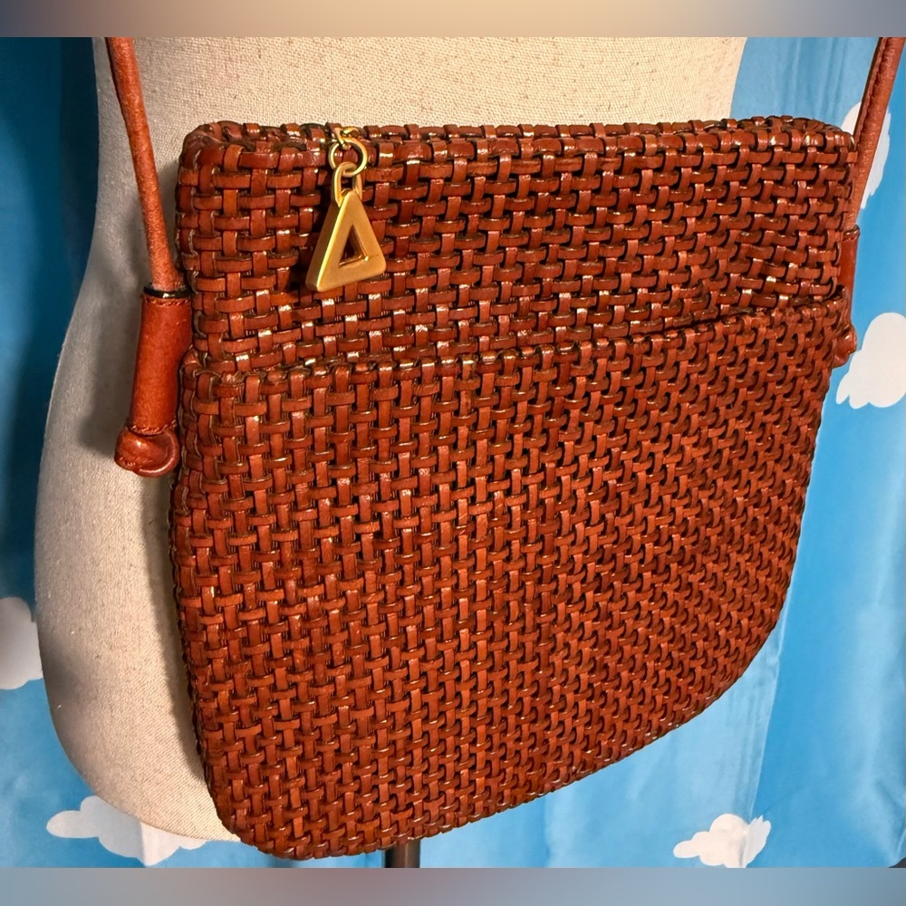 Vintage Brown Woven Crossbody with Gold Triangle Charm